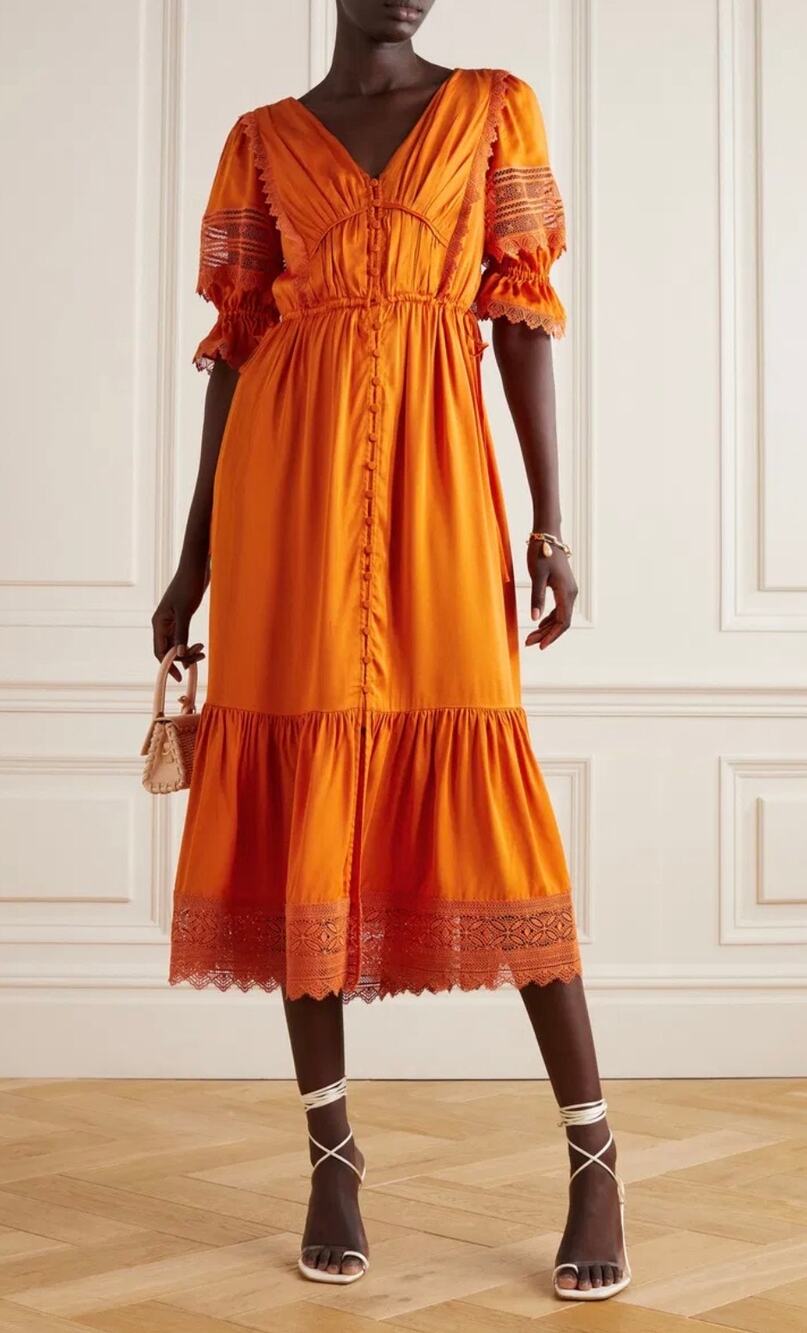 Self Portrait Burnt Orange Satin Peasant Style Lace Trim Midi Dress 4 PF21-047A
